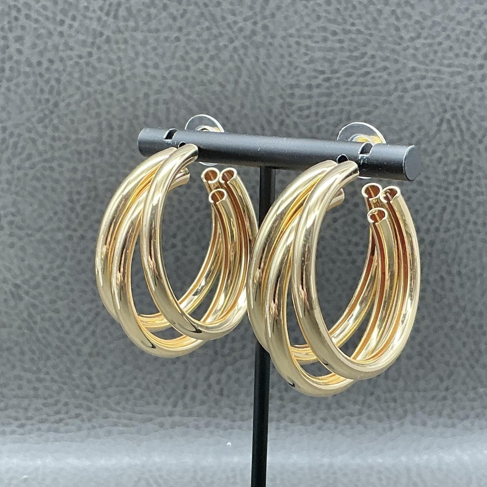 Earrings Gold Hoop Womens Triple Row Yellow Gold Tone Butterfly‎ Closure 1.75"
